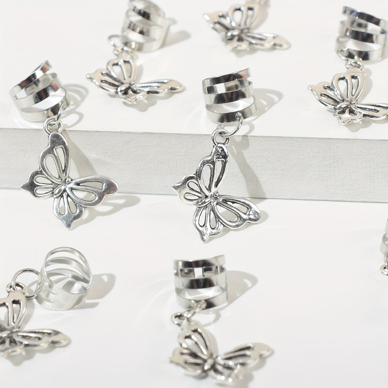 10 Pieces Silver Hollow Pendant Butterfly Hair Ring