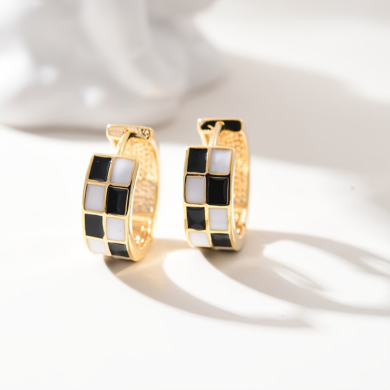 black and white chessboard design hoop earrings alloy jewelry zircon inlaid delicate female gift details 2