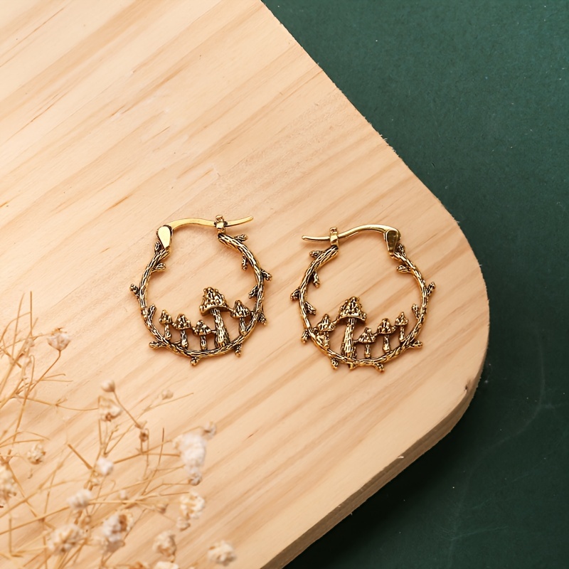 ancient golden color tree branch hoop earrings carved ancient metal mushroom tribal drop dangle earrings for women jewelry details 2