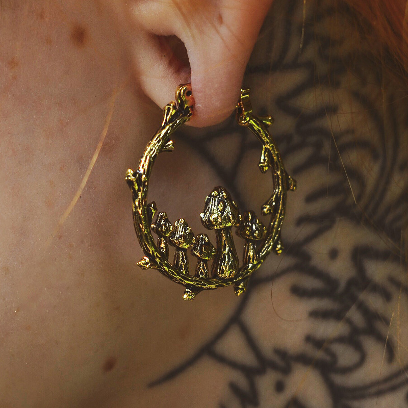 ancient golden color tree branch hoop earrings carved ancient metal mushroom tribal drop dangle earrings for women jewelry details 5