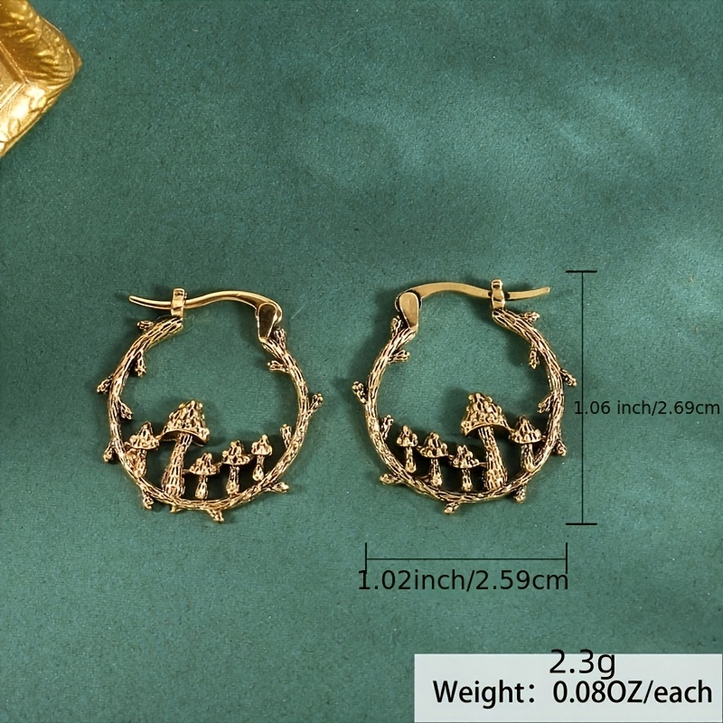 ancient golden color tree branch hoop earrings carved ancient metal mushroom tribal drop dangle earrings for women jewelry details 6