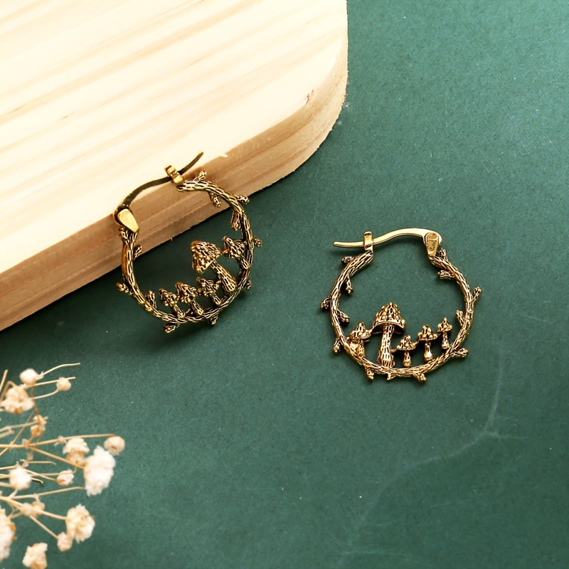 ancient golden color tree branch hoop earrings carved ancient metal mushroom tribal drop dangle earrings for women jewelry details 9