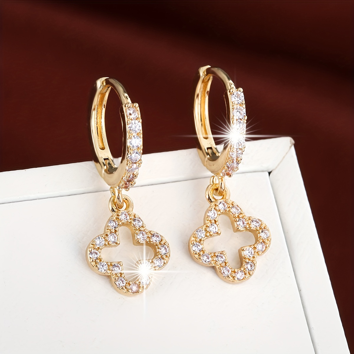 hollow clover full shiny zircon inlaid dangle earrings elegant simple style lucky female earrings details 4