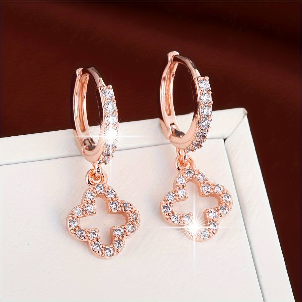 hollow clover full shiny zircon inlaid dangle earrings elegant simple style lucky female earrings details 5