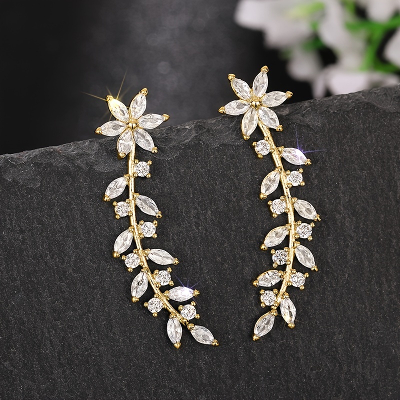 sparkling cubic zirconia leaf vine climber earrings for women 14 age group floral design copper base artificial gemstone inlay hypoallergenic ear crawler jewelry details 2