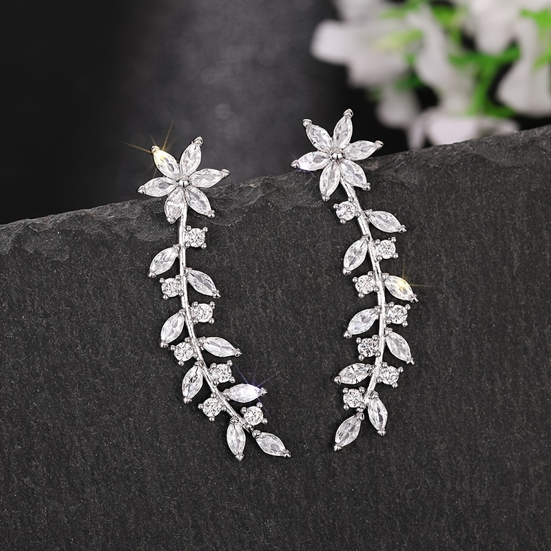 sparkling cubic zirconia leaf vine climber earrings for women 14 age group floral design copper base artificial gemstone inlay hypoallergenic ear crawler jewelry details 6