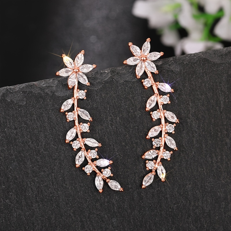 sparkling cubic zirconia leaf vine climber earrings for women 14 age group floral design copper base artificial gemstone inlay hypoallergenic ear crawler jewelry details 7