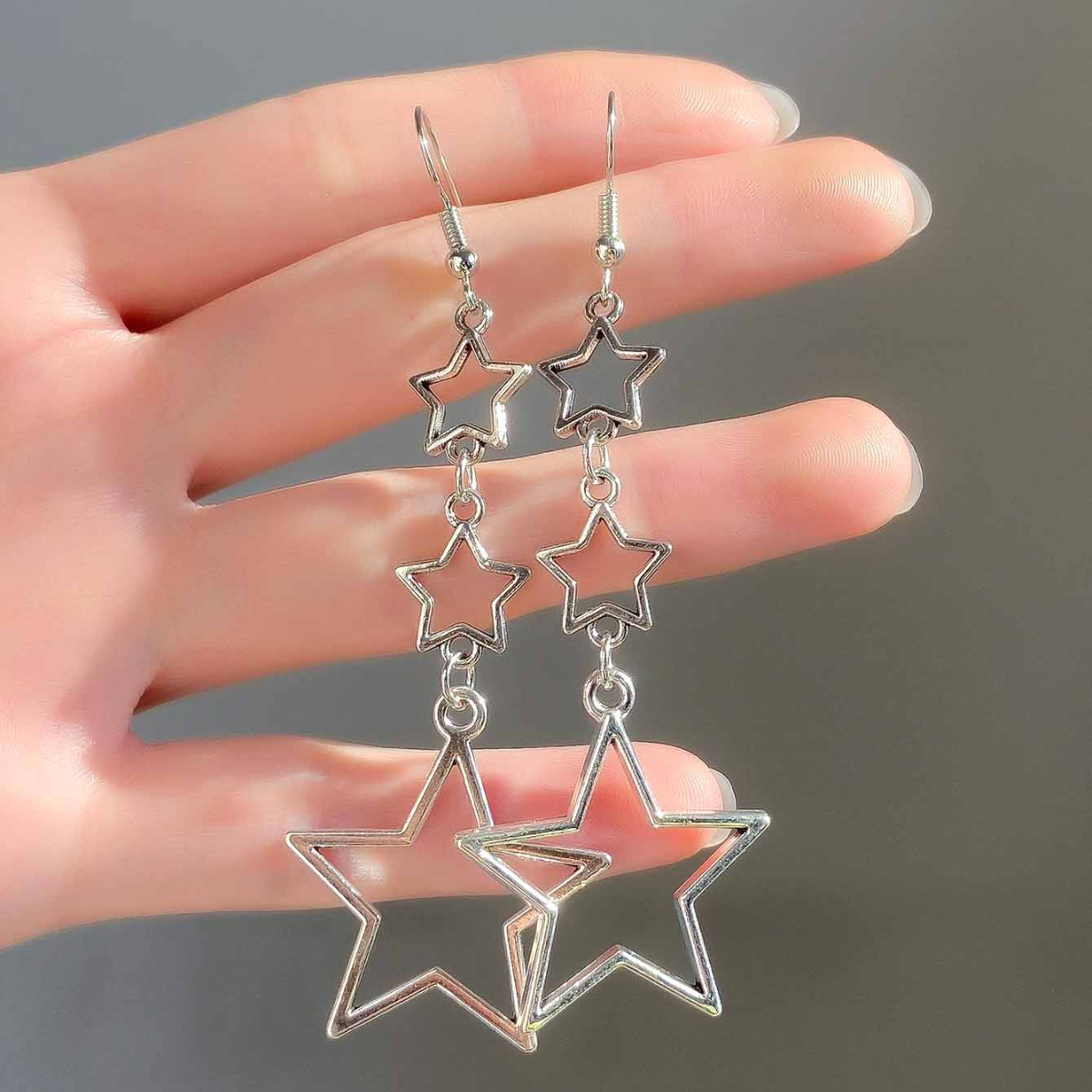 silvery star cascade earrings y2k metal punk hip hop style retro star drop dangle earrings classic simple style star earrings for elegant look gifts for eid details 1