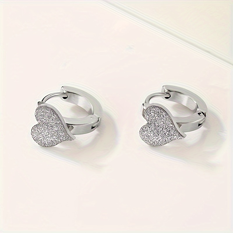 elegant stainless steel heart shaped frosted hoop earrings perfect for casual attire gifting details 4