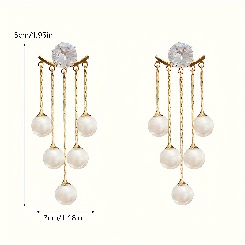 faux pearl tassel shiny zircon decor dangle earrings ear jackets elegant luxury style banquet ear ornaments details 2