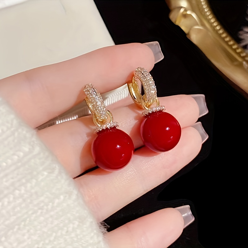 elegant and elegant red pearls with sparkling zircon earrings fashionable and avant garde design with dazzling zircon pearls luxury earrings for any occasion delivered in exquisite gift boxes details 2