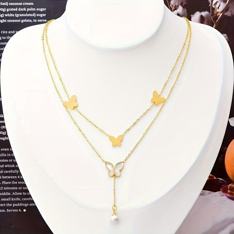 1pc stainless steel 18k gold plated double layered butterfly necklace elegant and romantic style ideal for gift giving lady daily commute and holiday party wear details 0