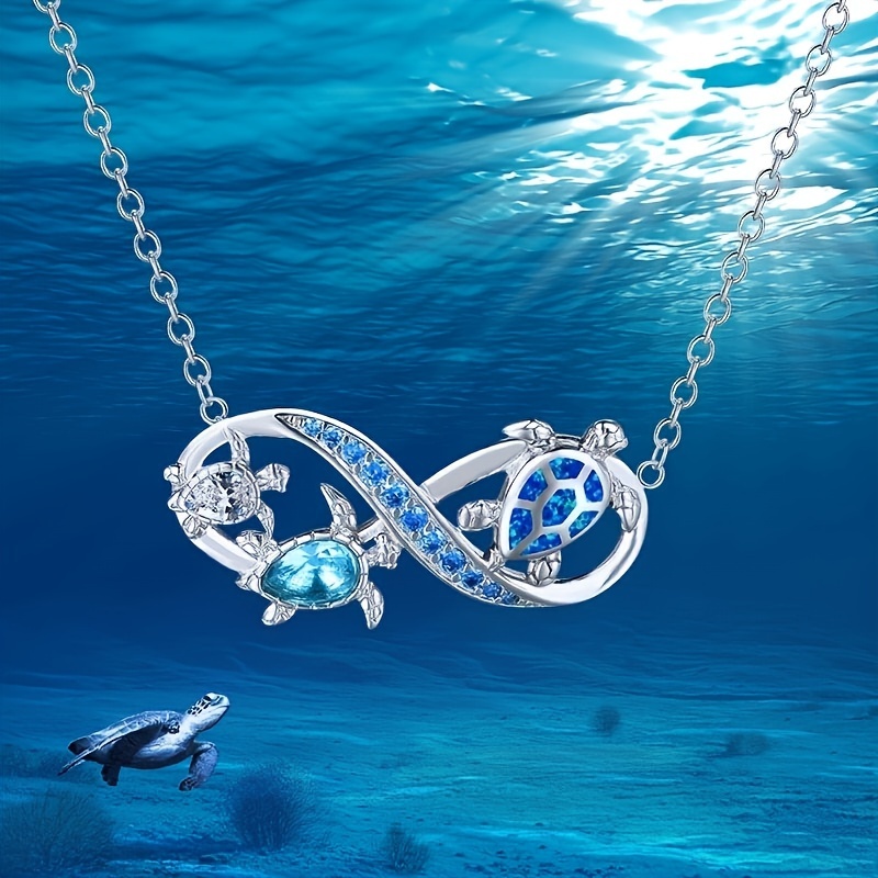 classic and resort style   match with little turtles design pendant inlay with blue rhinestone fashion silvery stainless necklace for daily wear   idea gift for friends details 1