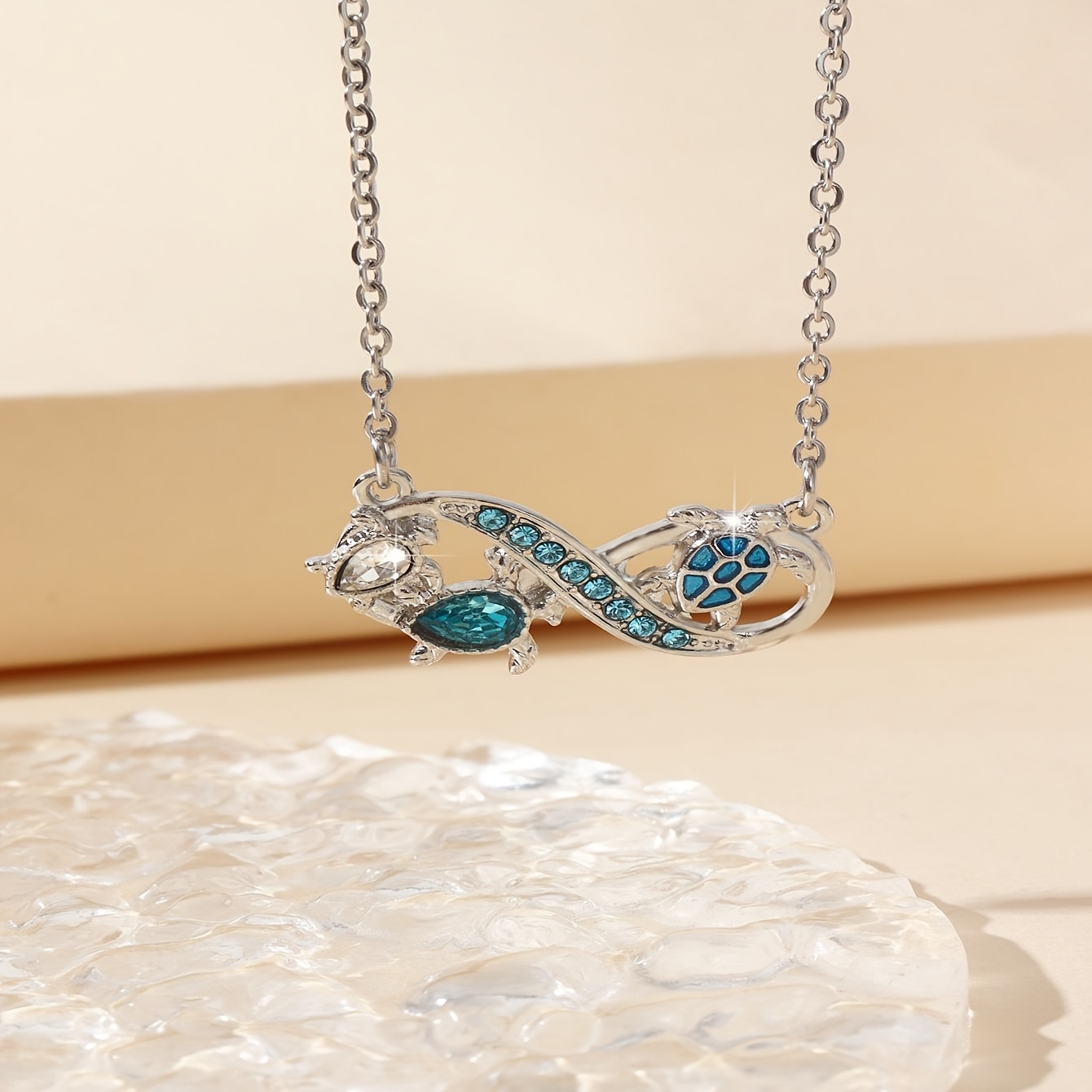 classic and resort style   match with little turtles design pendant inlay with blue rhinestone fashion silvery stainless necklace for daily wear   idea gift for friends details 4