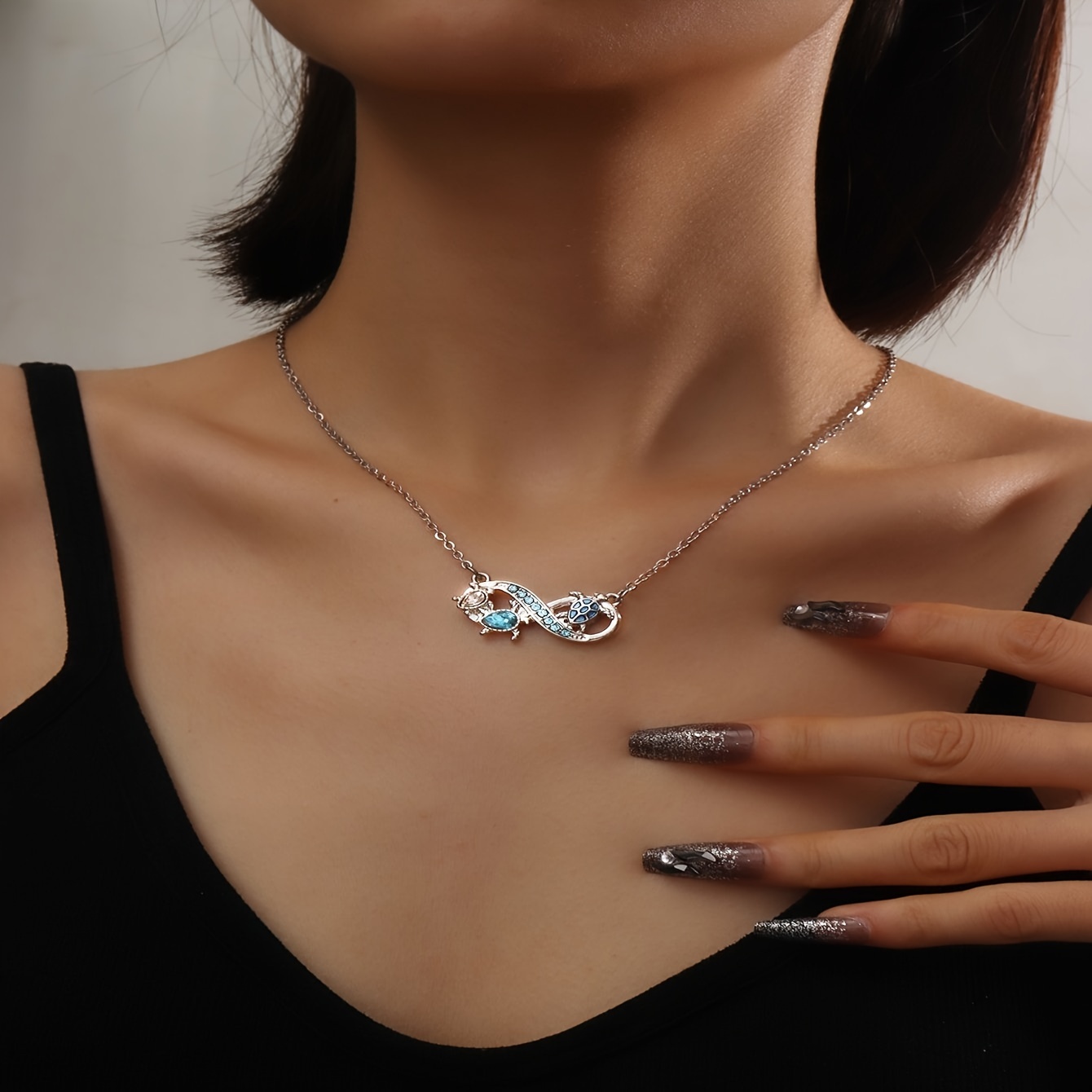 classic and resort style   match with little turtles design pendant inlay with blue rhinestone fashion silvery stainless necklace for daily wear   idea gift for friends details 5