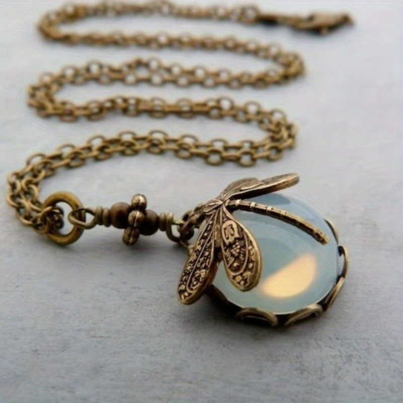 handmade moon dragonfly necklace with white faux opal vintage victorian style jewelry details 1