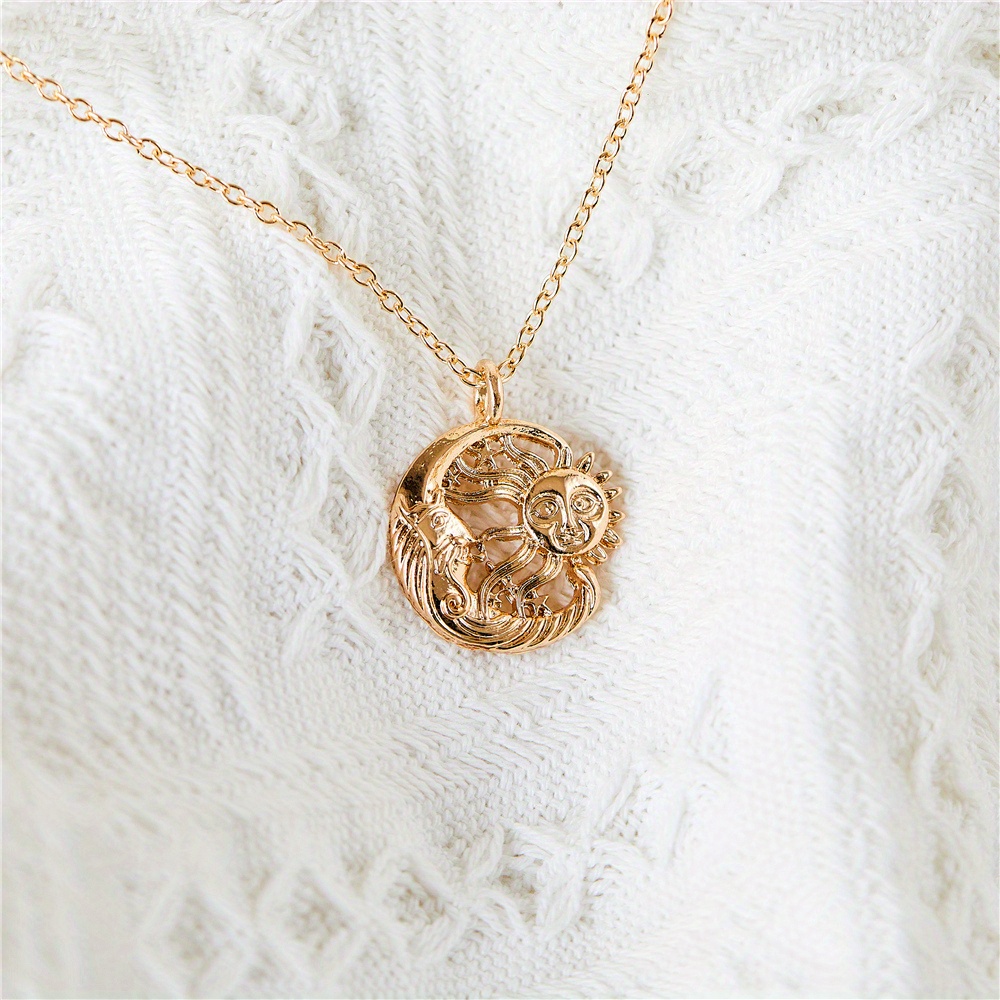 golden vintage hollow star sun moon pattern pendant necklace womens personality necklace party jewelry details 1