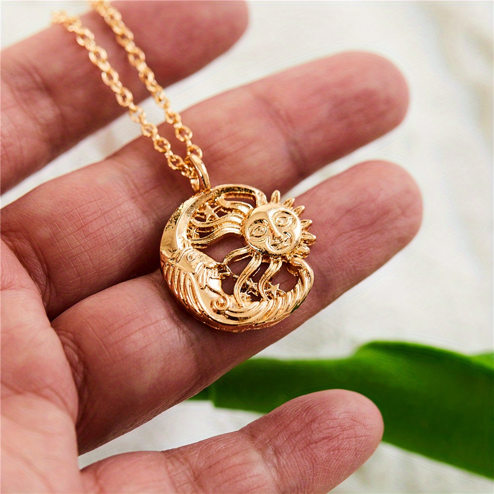 golden vintage hollow star sun moon pattern pendant necklace womens personality necklace party jewelry details 2