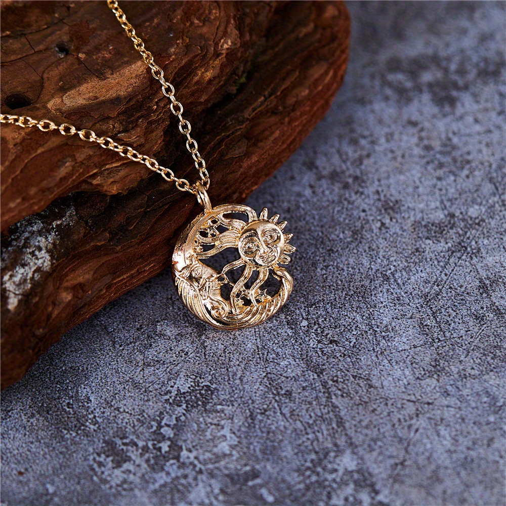 golden vintage hollow star sun moon pattern pendant necklace womens personality necklace party jewelry details 3