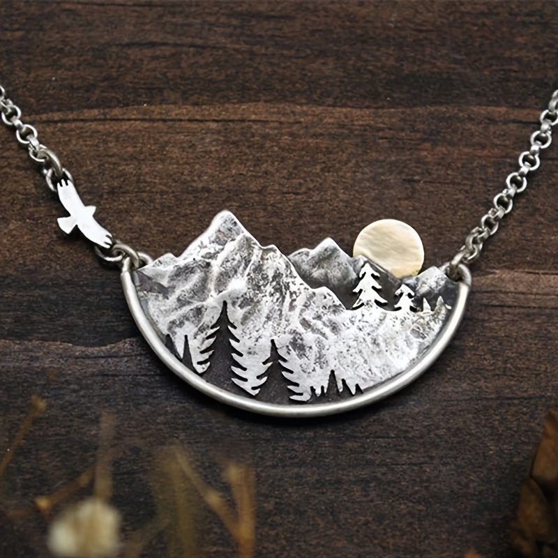 silvery boho mountain moon shape pendant necklace gothic trendy simple party gift details 1