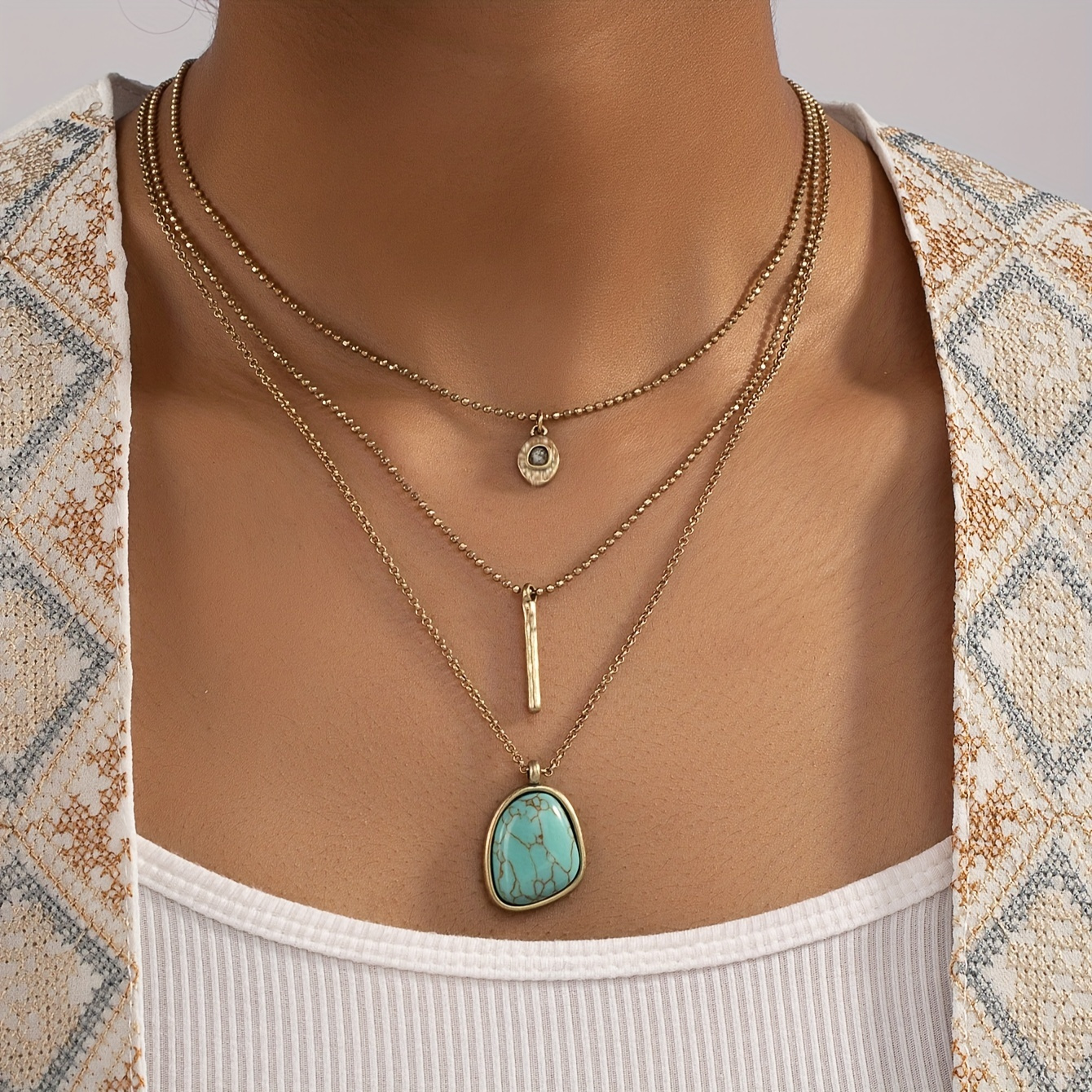 1pc vintage boho turquoise multilayer three layer necklace for women ornament anniversary jewelry details 1