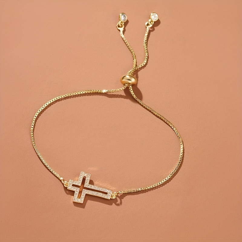 simple copper inlaid zircon hollow cross womens bracelet jewelry gift christmas party ornament details 3