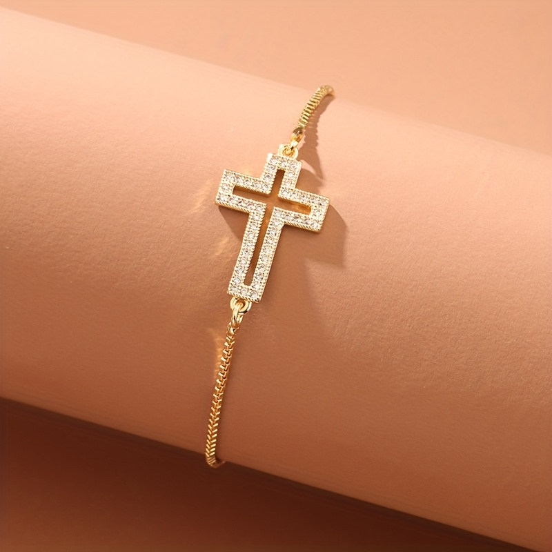 simple copper inlaid zircon hollow cross womens bracelet jewelry gift christmas party ornament details 4