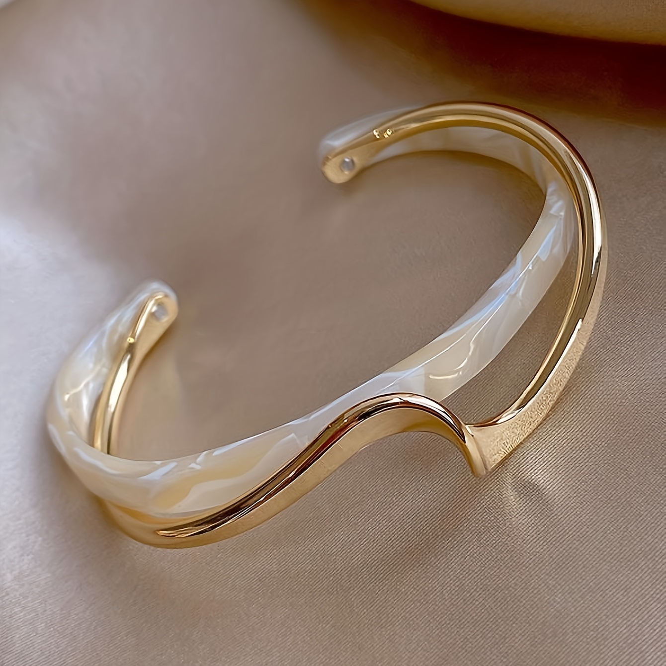 18k gold plated wave shape cuff bangle inlaid faux pearl womens minimalist style jewelry details 0