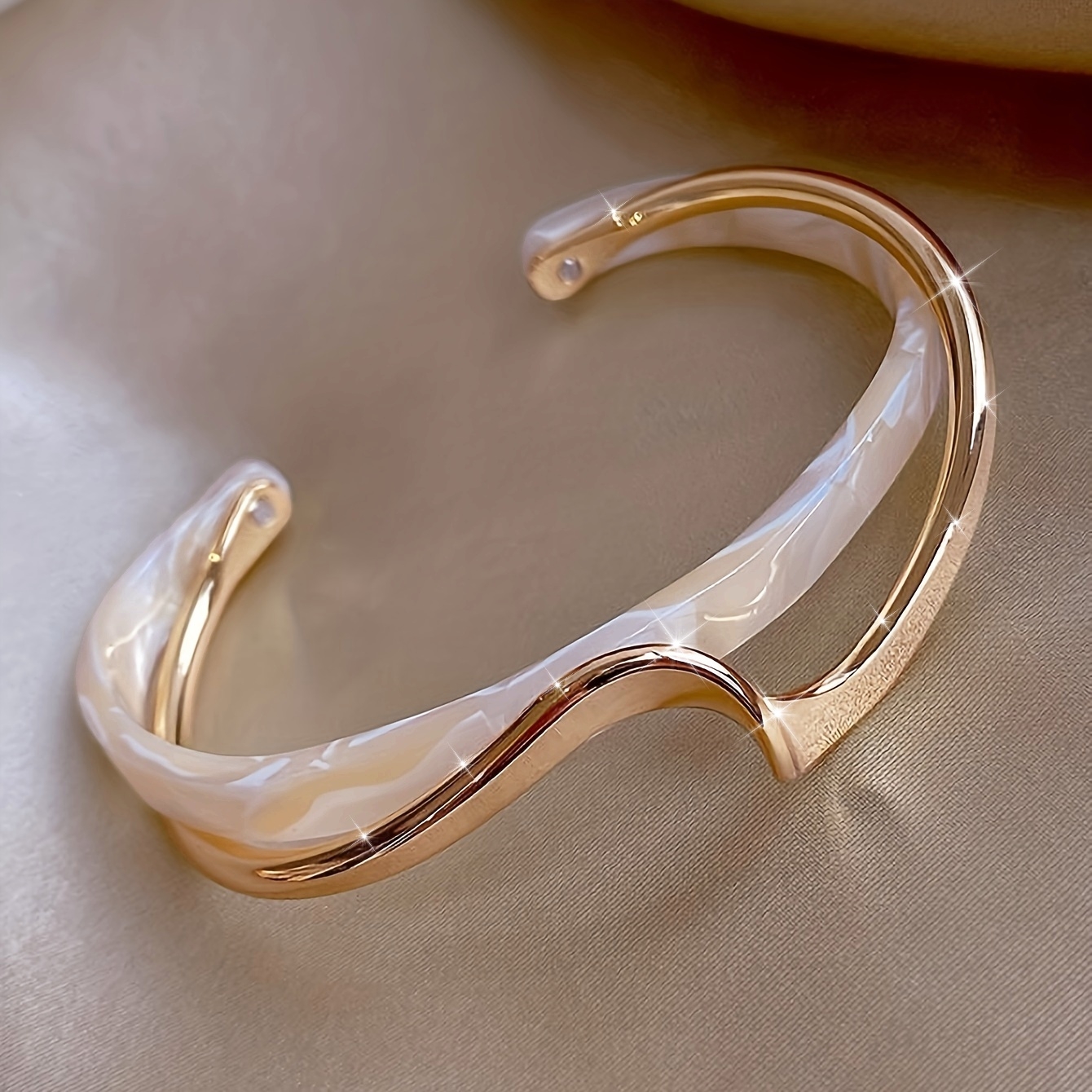 18k gold plated wave shape cuff bangle inlaid faux pearl womens minimalist style jewelry details 1