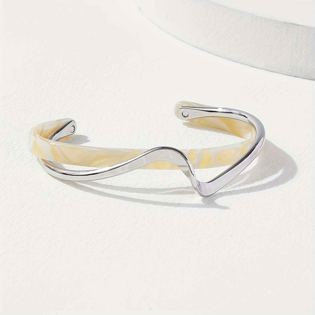 18k gold plated wave shape cuff bangle inlaid faux pearl womens minimalist style jewelry details 2