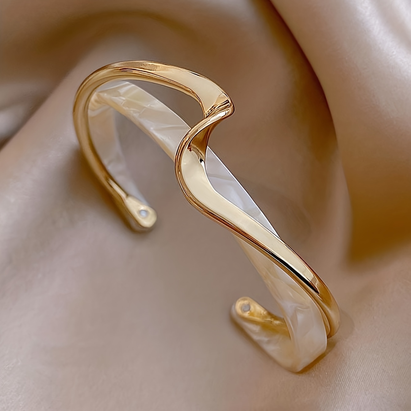 18k gold plated wave shape cuff bangle inlaid faux pearl womens minimalist style jewelry details 3