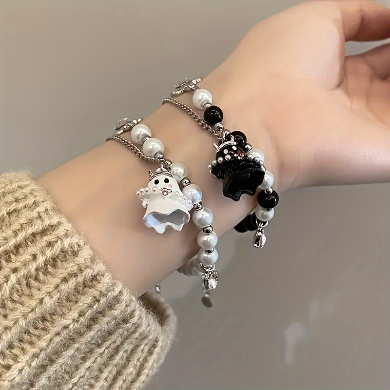 2 pcs of black and white ghost bracelet set for women men couple   accessories set cold niche sweet cool bracelet details 0