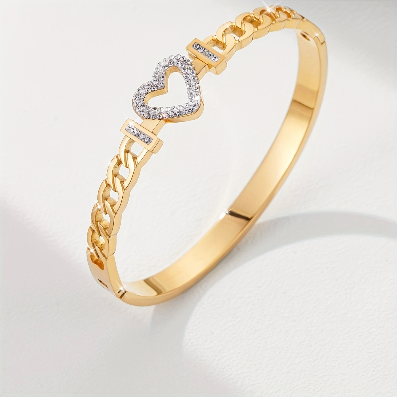 1pc cubic zirconia inlaid bangle bracelet hollow heart design hand jewelry for women retro daily party bracelet details 1