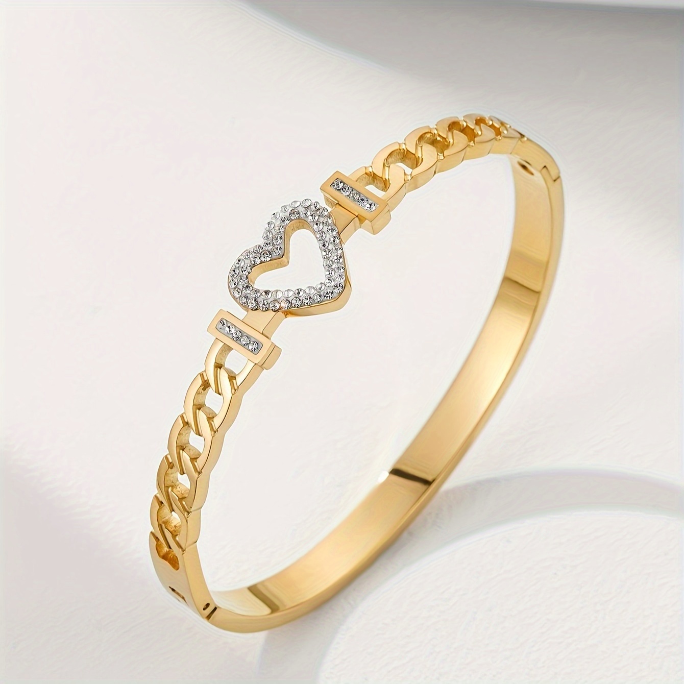 1pc cubic zirconia inlaid bangle bracelet hollow heart design hand jewelry for women retro daily party bracelet details 3