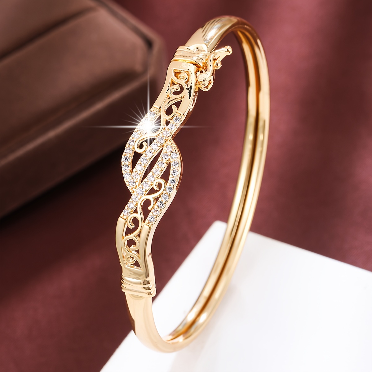 1pc vintage style 18k gold plated copper bangle bracelet inlaid shiny zircon   bangle details 1