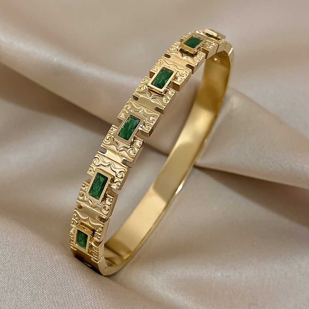 vintage inlay green zircon rectangle stainless steel bangles bracelets for women statement wrist waterproof jewelry halloween christmas gift details 0