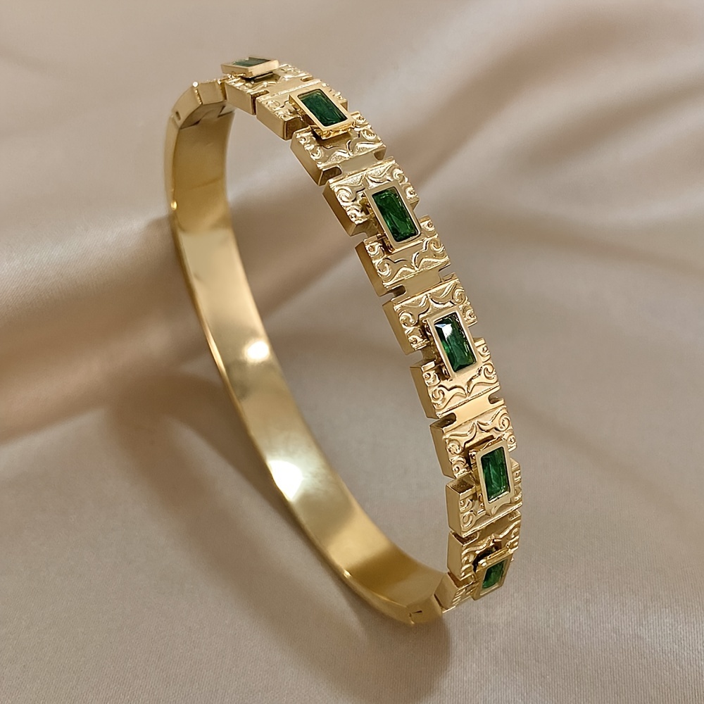 vintage inlay green zircon rectangle stainless steel bangles bracelets for women statement wrist waterproof jewelry halloween christmas gift details 2