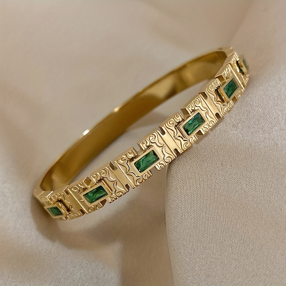 vintage inlay green zircon rectangle stainless steel bangles bracelets for women statement wrist waterproof jewelry halloween christmas gift details 4