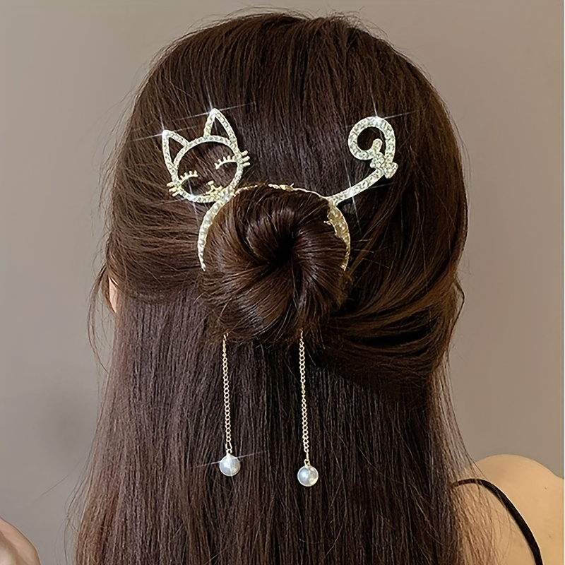 elegant metal hair clip with rhinestone cat tassel pearl pendant cute round fashion hair clip accessory ladies and girls single piece color decoration details 0