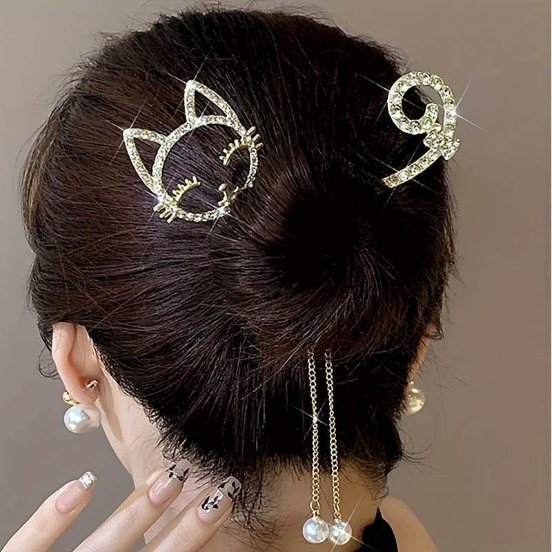 elegant metal hair clip with rhinestone cat tassel pearl pendant cute round fashion hair clip accessory ladies and girls single piece color decoration details 1