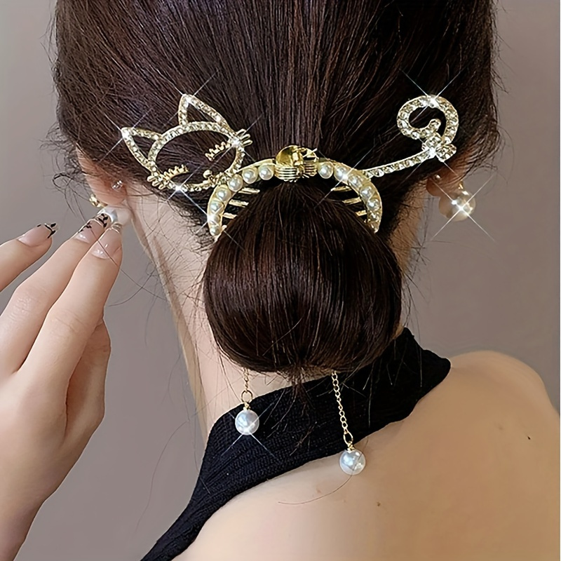 elegant metal hair clip with rhinestone cat tassel pearl pendant cute round fashion hair clip accessory ladies and girls single piece color decoration details 2