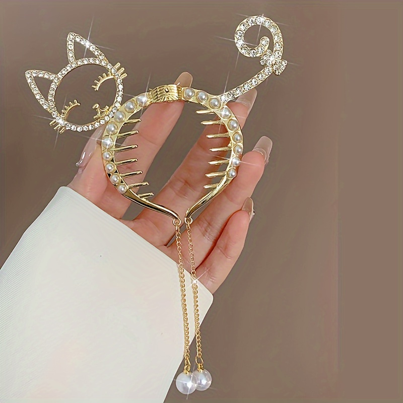 elegant metal hair clip with rhinestone cat tassel pearl pendant cute round fashion hair clip accessory ladies and girls single piece color decoration details 3