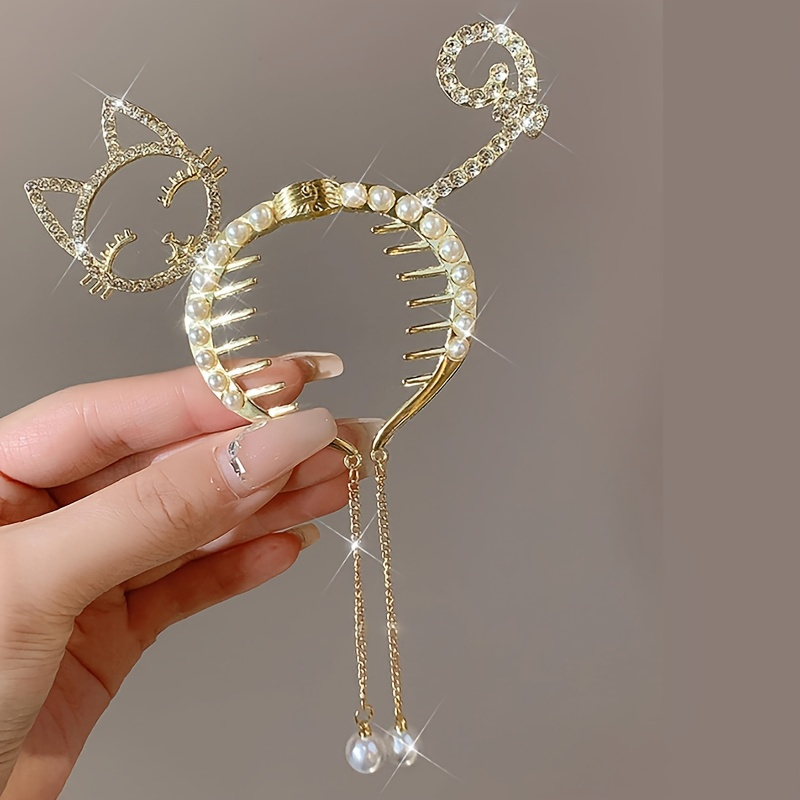 elegant metal hair clip with rhinestone cat tassel pearl pendant cute round fashion hair clip accessory ladies and girls single piece color decoration details 4