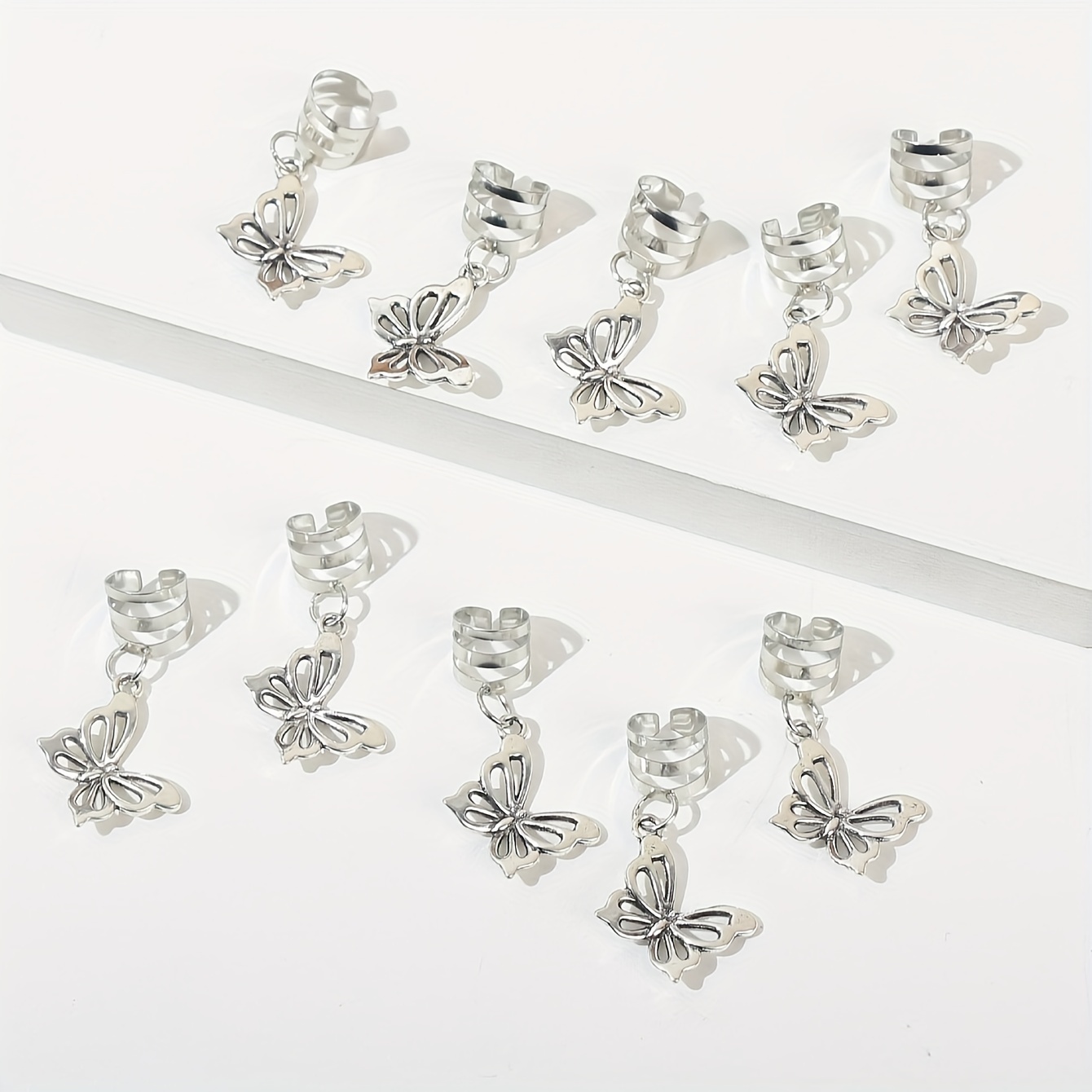 set 10pcs silvery hollow hair rings with exquisite butterfly pendants hair accessories details 2