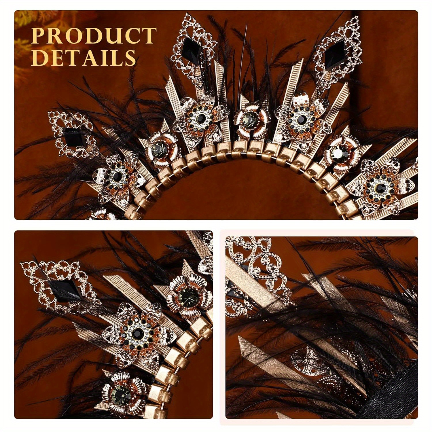   crown headpiece zip tie golden spiked headband black feather hair accessories goddess headwear egyptian queen tiara carnival party festival renaissance details 1