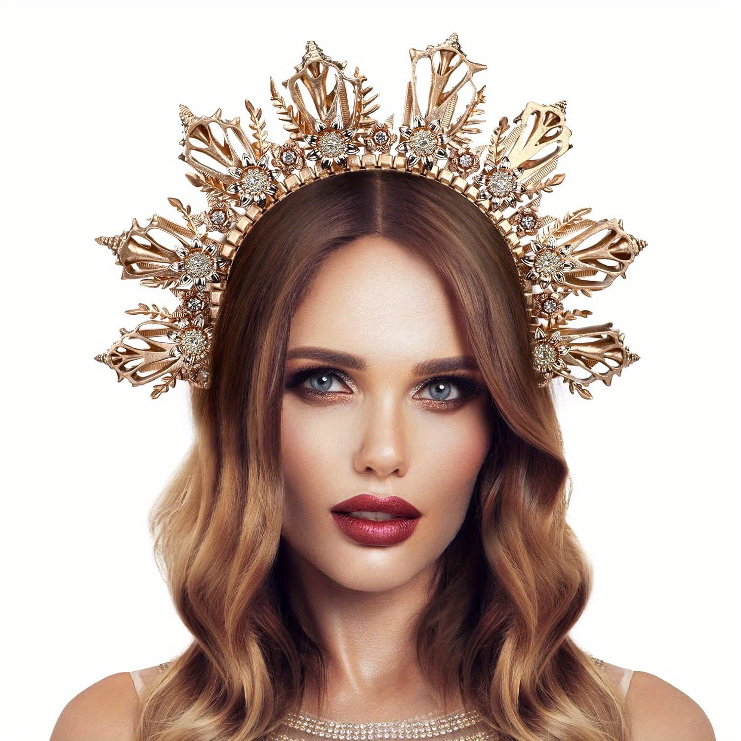 golden   crown headpiece mermaid headband goddess headpiece zip tie wedding bridal headwear halloween cosplay renaissance costume photoshoot hair accessories details 0