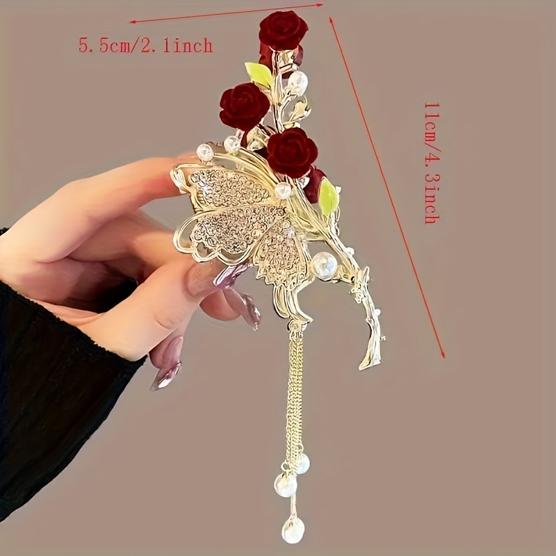 2 piece set french style tassel rose hair clip with ponytail stand bridal headwear hair accessory retro rose decoration hair clip details 0