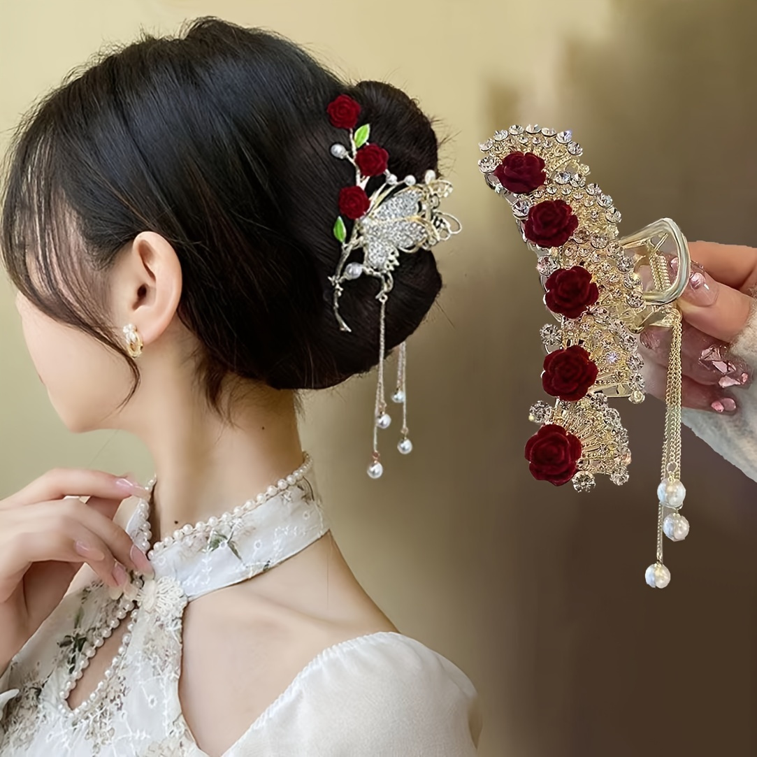 2 piece set french style tassel rose hair clip with ponytail stand bridal headwear hair accessory retro rose decoration hair clip details 1