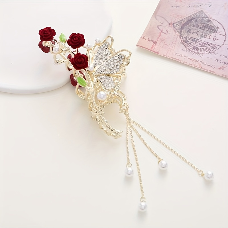 2 piece set french style tassel rose hair clip with ponytail stand bridal headwear hair accessory retro rose decoration hair clip details 4