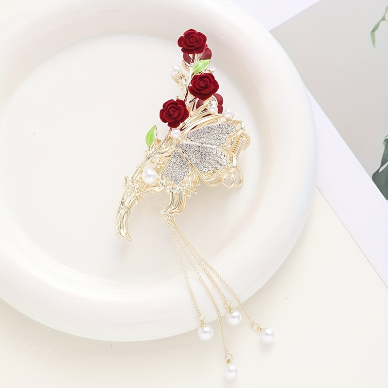 2 piece set french style tassel rose hair clip with ponytail stand bridal headwear hair accessory retro rose decoration hair clip details 5